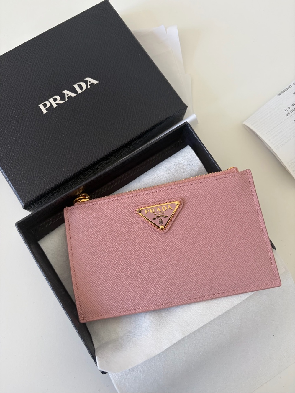 Prada Blush Pink Saffiano Leather Zip Card Wallet